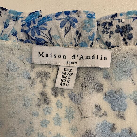 Maison d Amelie Tank Blouse Womens S Small Blue Floral Sleeveless Ruffle V Neck - Picture 6 of 11